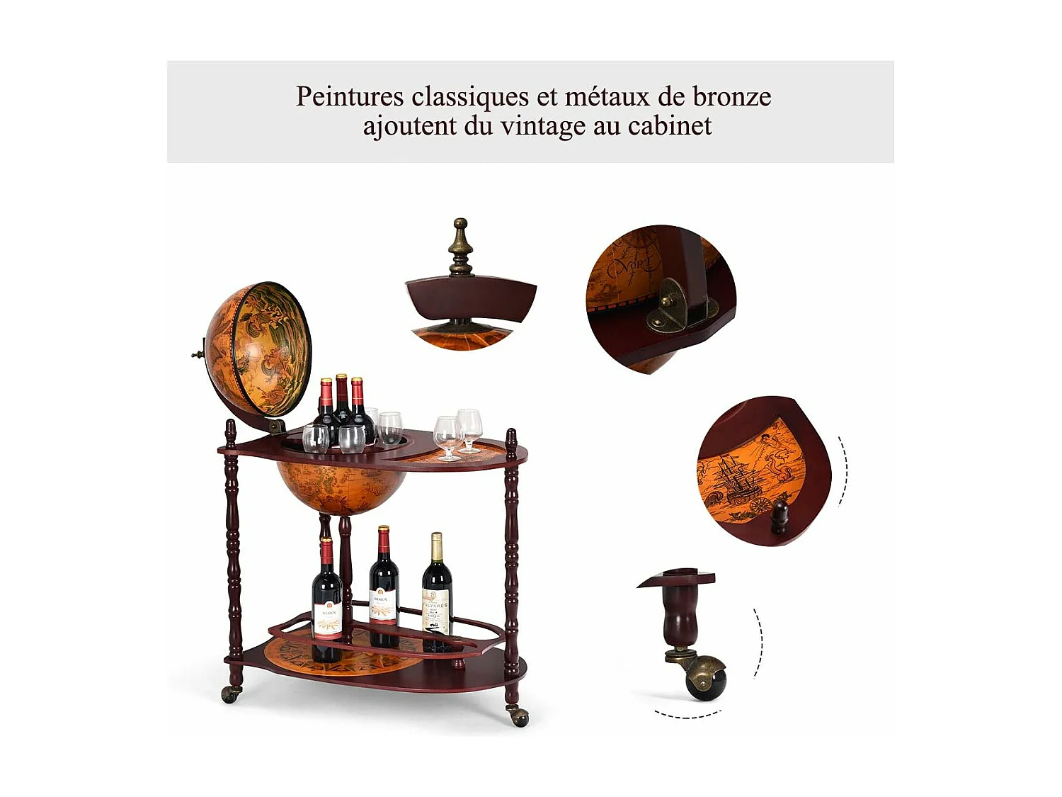 Bar Globe Terrestre Vintage Mappemonde en Bois d'Eucalyptus avec Roulette pour Stocker Bouteilles et Verres Porte-Bouteilles 16e Siècle 70 x 45 x 88 cm