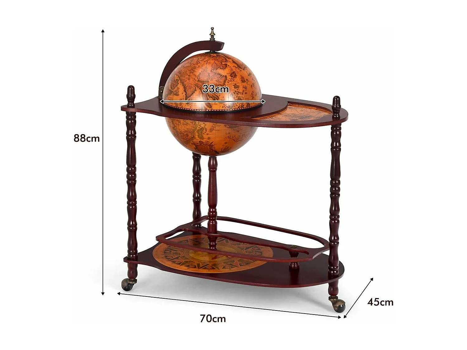 Bar Globe Terrestre Vintage Mappemonde en Bois d'Eucalyptus avec Roulette pour Stocker Bouteilles et Verres Porte-Bouteilles 16e Siècle 70 x 45 x 88 cm