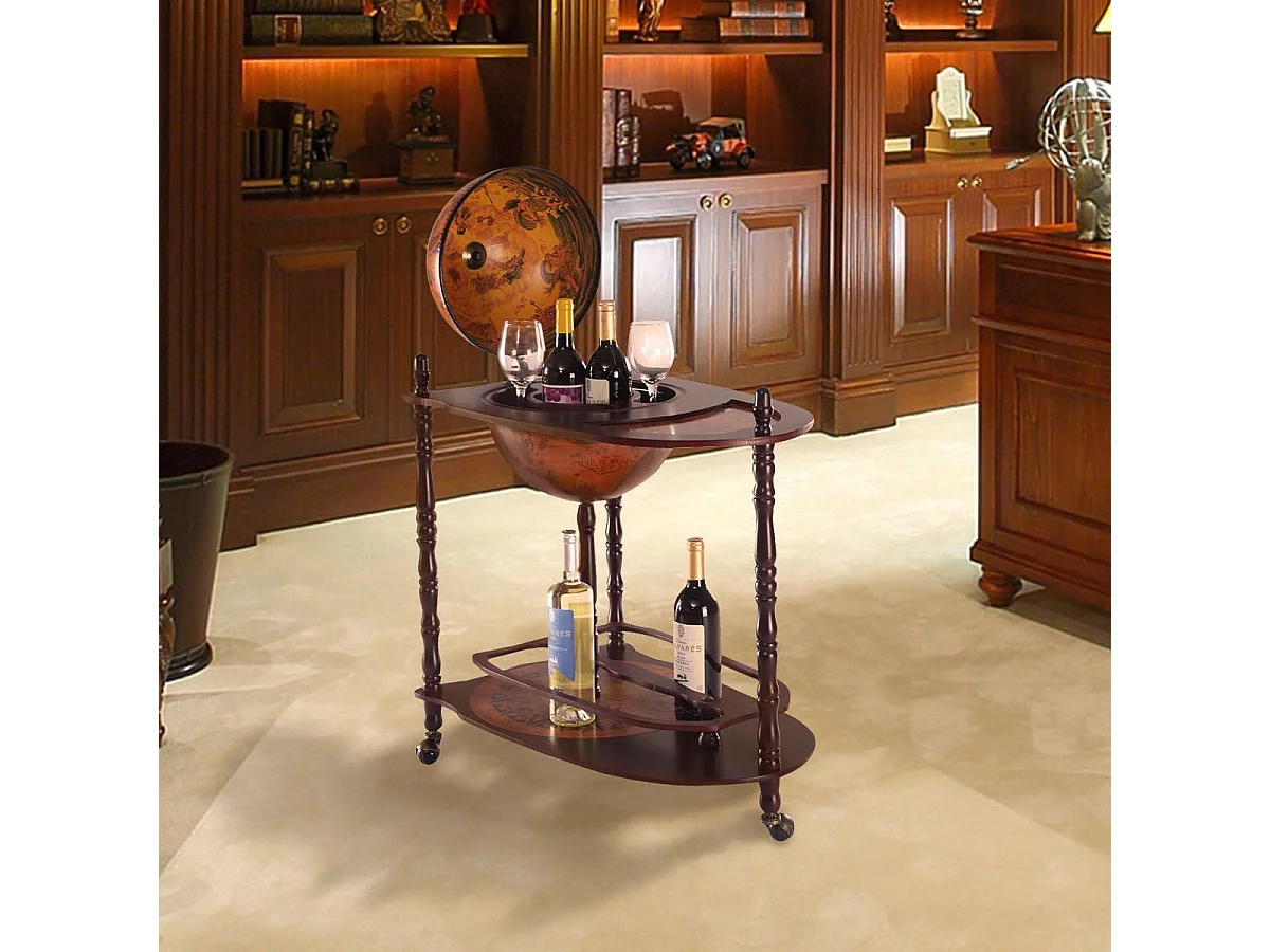 Bar Globe Terrestre Vintage Mappemonde en Bois d'Eucalyptus avec Roulette pour Stocker Bouteilles et Verres Porte-Bouteilles 16e Siècle 70 x 45 x 88 cm