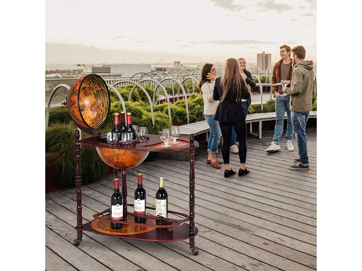 Bar Globe Terrestre Vintage Mappemonde en Bois d'Eucalyptus avec Roulette pour Stocker Bouteilles et Verres Porte-Bouteilles 16e Siècle 70 x 45 x 88 cm