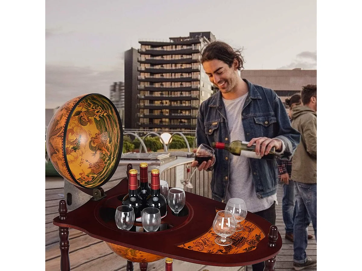 Bar Globe Terrestre Vintage Mappemonde en Bois d'Eucalyptus avec Roulette pour Stocker Bouteilles et Verres Porte-Bouteilles 16e Siècle 70 x 45 x 88 cm