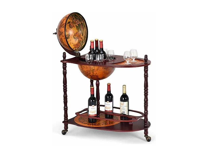 Vintage Globe Bar Wereldkaart Eucalyptus Hout met Wielen voor het Opbergen van Flessen en Glazen 16e Eeuw Flessenhouder 70 x 45 x 88 cm
