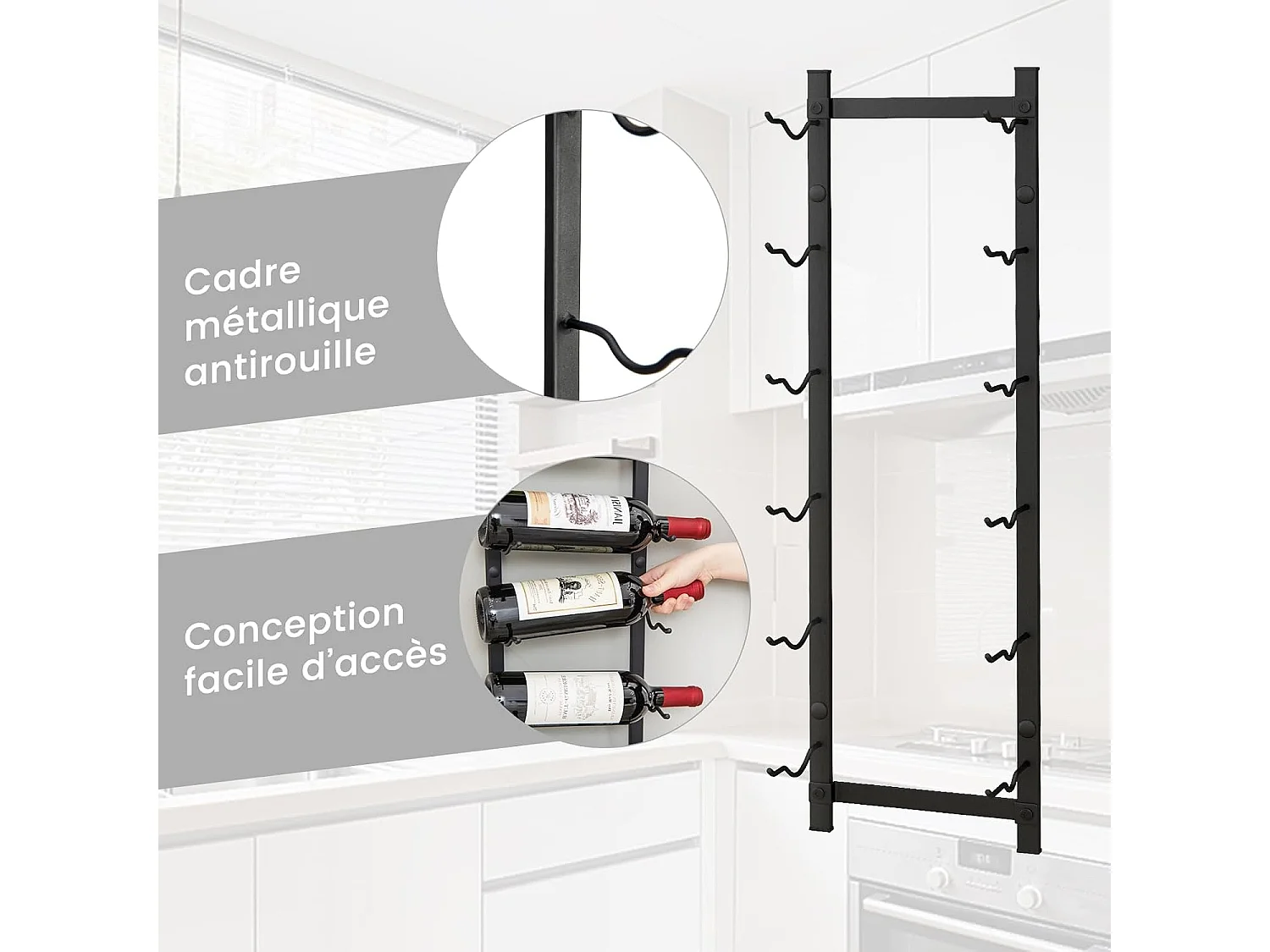 Porte bouteille mural, étagère à vin en métal pour 6 bouteilles, casier à vin, noir