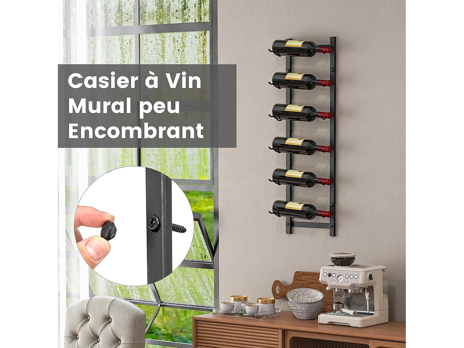 Porte bouteille mural, étagère à vin en métal pour 6 bouteilles, casier à vin, noir