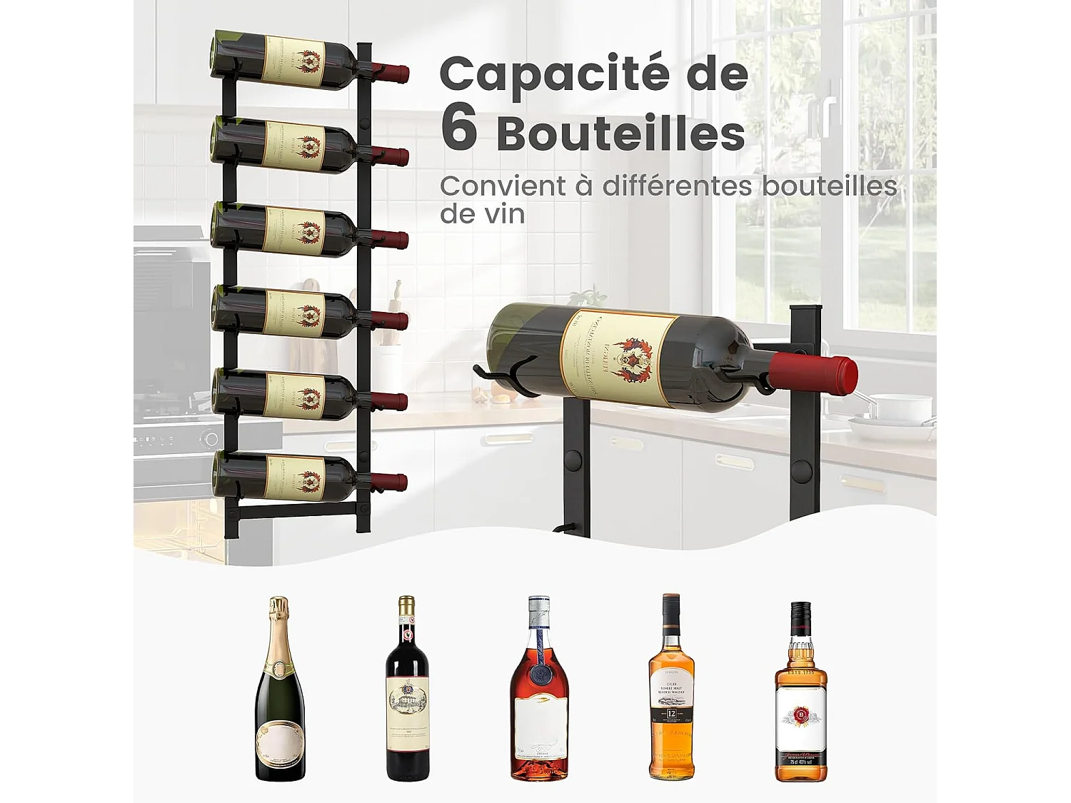 Porte bouteille mural, étagère à vin en métal pour 6 bouteilles, casier à vin, noir