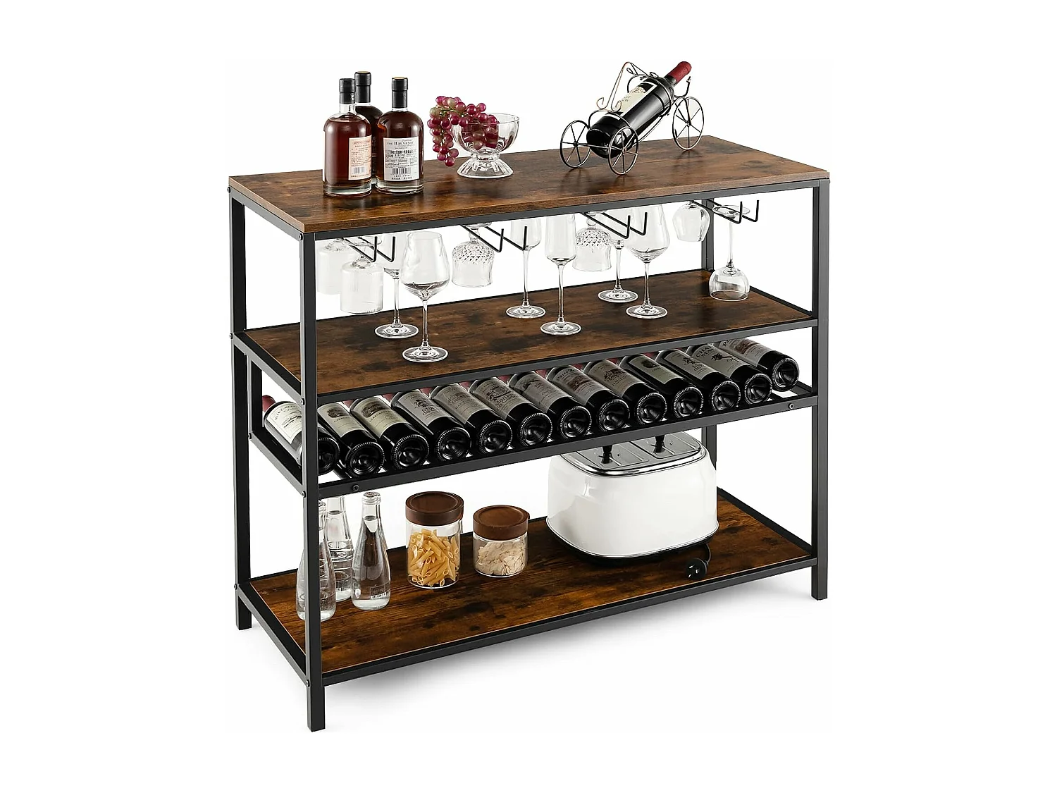 Étagère à vin 13 bouteilles, porte-bouteille avec 4 rangées porte-verres, marron rustique