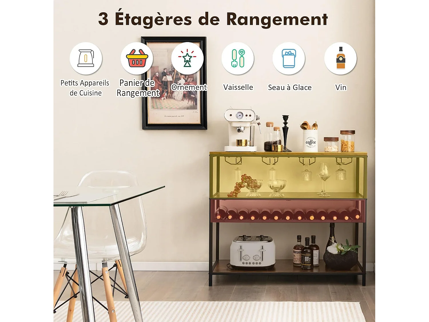 Étagère à vin 13 bouteilles, porte-bouteille avec 4 rangées porte-verres, marron rustique