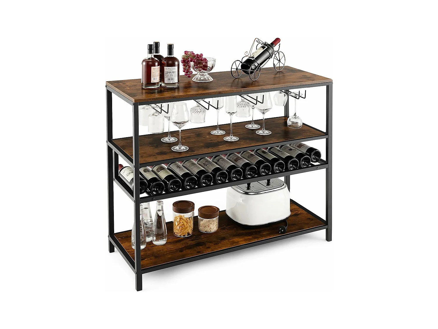 Étagère à vin 13 bouteilles, porte-bouteille avec 4 rangées porte-verres, marron rustique
