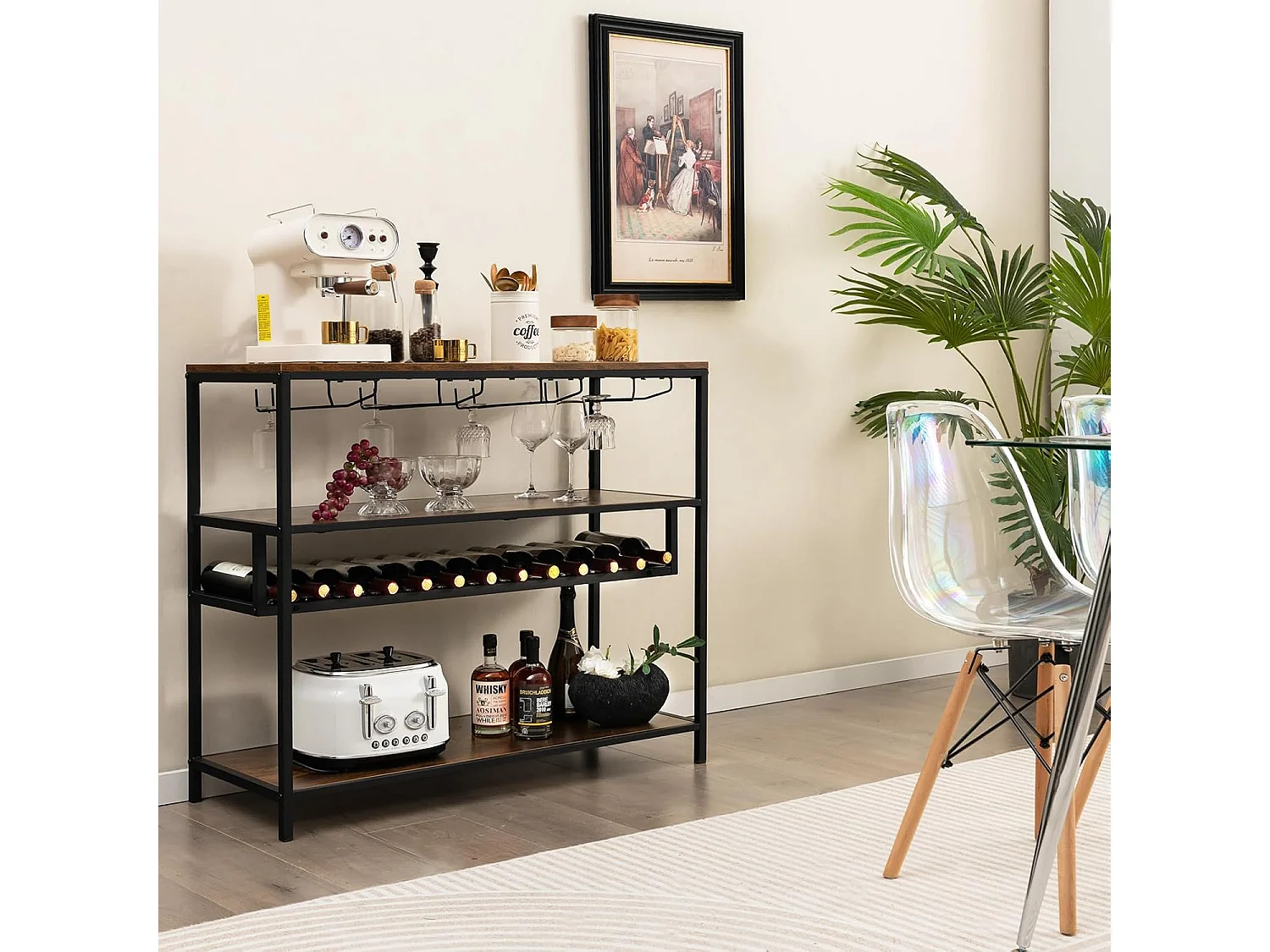 Étagère à vin 13 bouteilles, porte-bouteille avec 4 rangées porte-verres, marron rustique