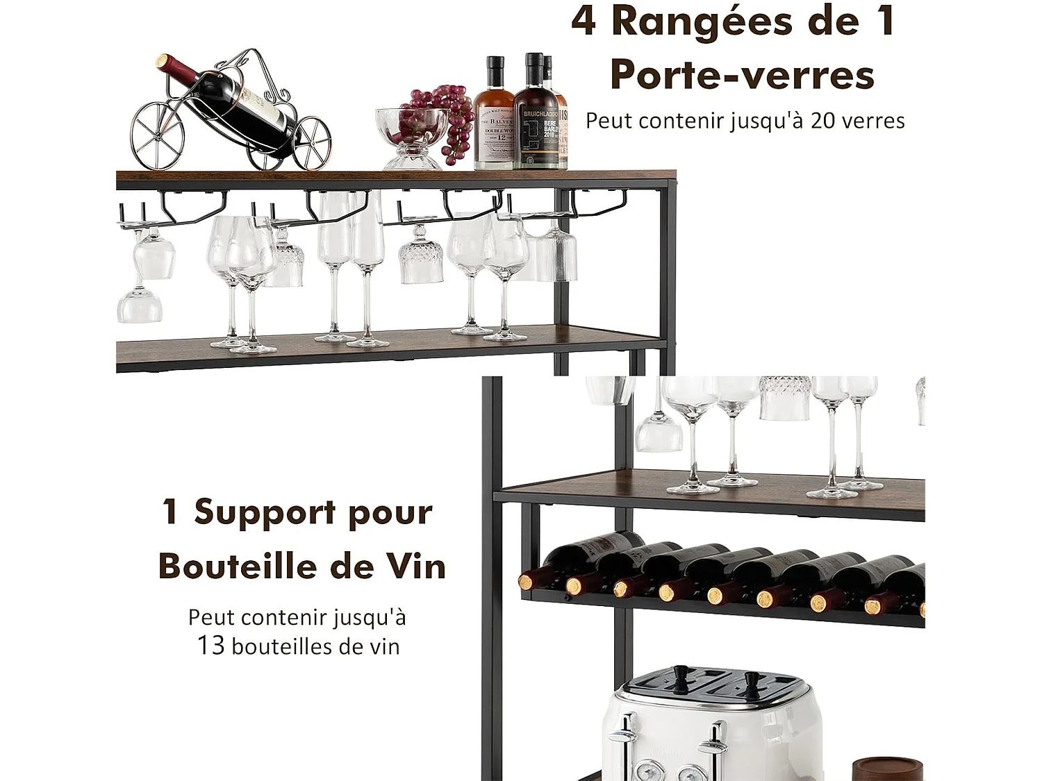 Étagère à vin 13 bouteilles, porte-bouteille avec 4 rangées porte-verres, marron rustique