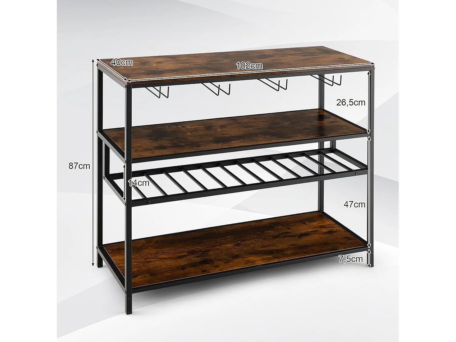 Étagère à vin 13 bouteilles, porte-bouteille avec 4 rangées porte-verres, marron rustique