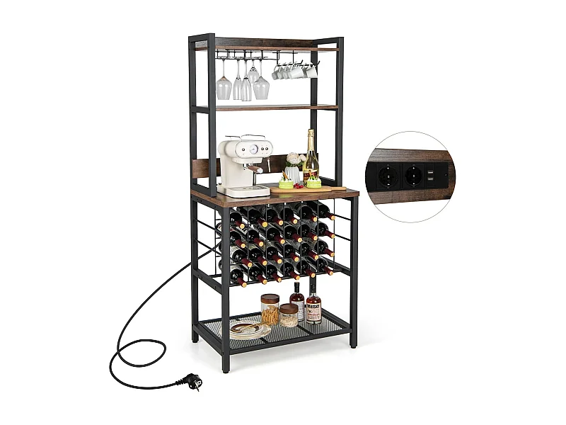 Casier à Vin Industriel de 24 Bouteilles, 4 Étagères de Rangement, Porte-Verre, Porte Bouteilles, Prises de Courant, 2 USB, pour Bar, Cuisine, 48 x 76 x 162,5 cm, Marron Rustique