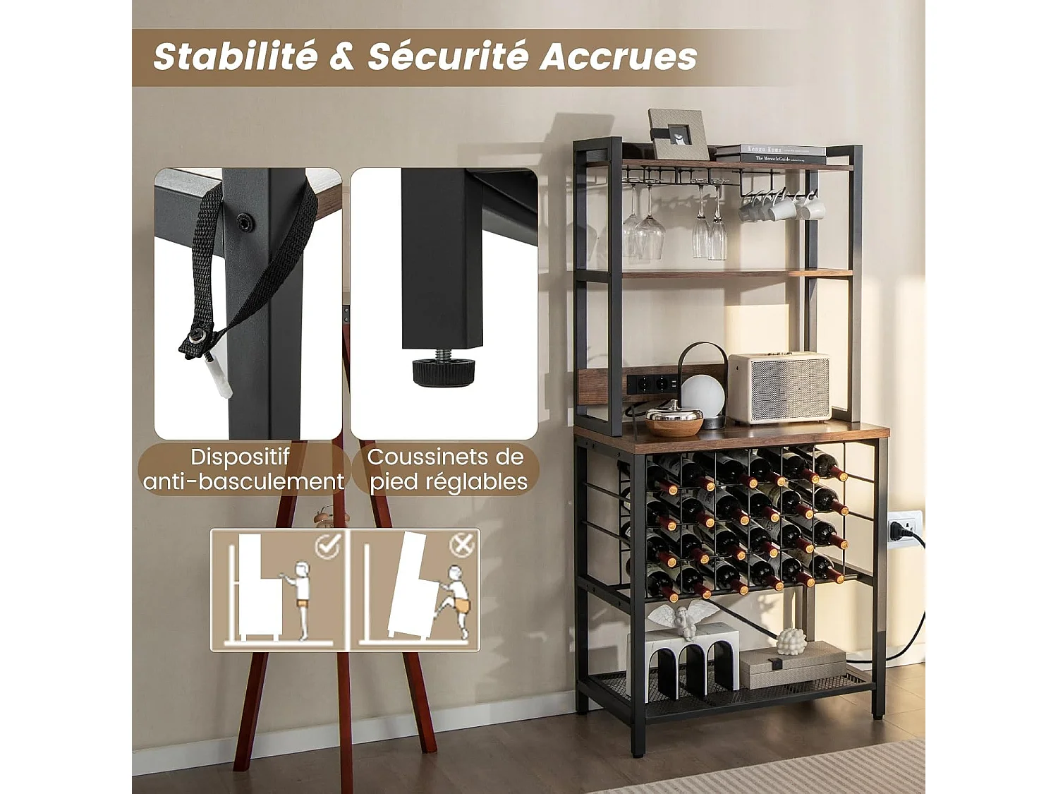 Casier à Vin Industriel de 24 Bouteilles, 4 Étagères de Rangement, Porte-Verre, Porte Bouteilles, Prises de Courant, 2 USB, pour Bar, Cuisine, 48 x 76 x 162,5 cm, Marron Rustique