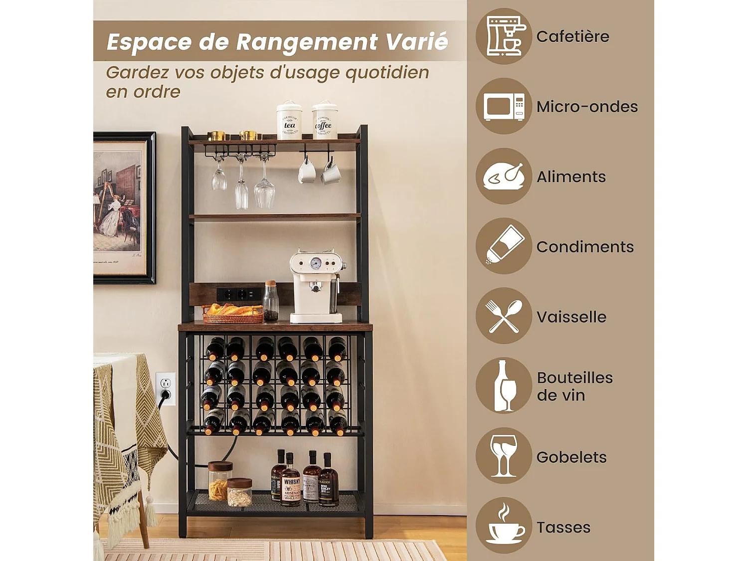 Casier à Vin Industriel de 24 Bouteilles, 4 Étagères de Rangement, Porte-Verre, Porte Bouteilles, Prises de Courant, 2 USB, pour Bar, Cuisine, 48 x 76 x 162,5 cm, Marron Rustique