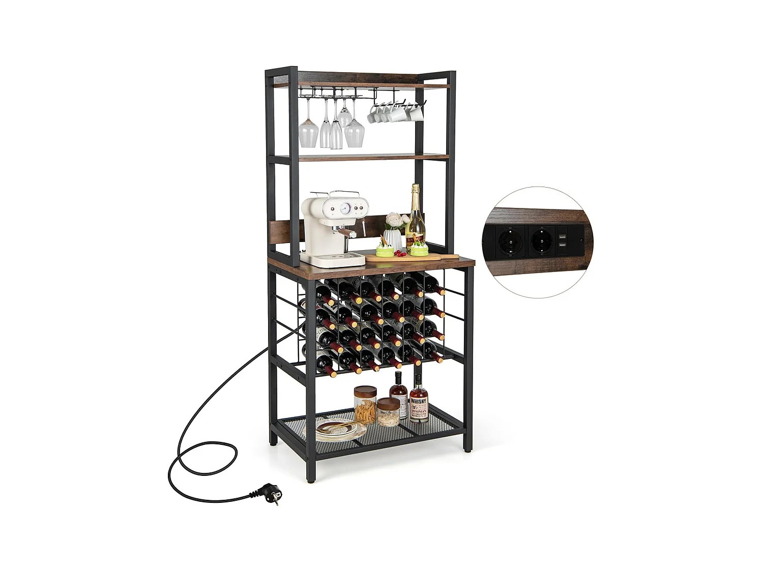 Casier à Vin Industriel de 24 Bouteilles, 4 Étagères de Rangement, Porte-Verre, Porte Bouteilles, Prises de Courant, 2 USB, pour Bar, Cuisine, 48 x 76 x 162,5 cm, Marron Rustique