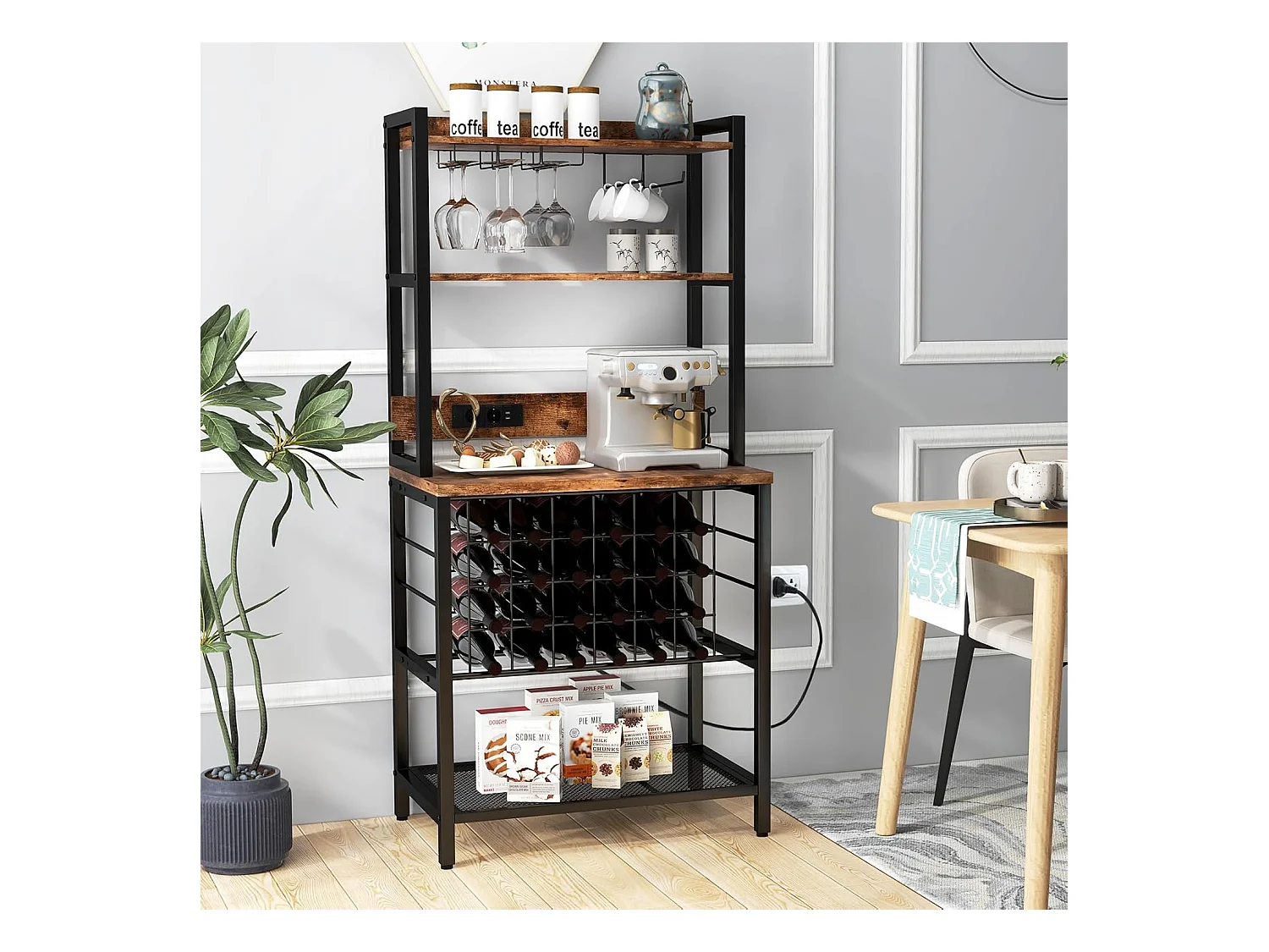 Casier à Vin Industriel de 24 Bouteilles, 4 Étagères de Rangement, Porte-Verre, Porte Bouteilles, Prises de Courant, 2 USB, pour Bar, Cuisine, 48 x 76 x 162,5 cm, Marron Rustique