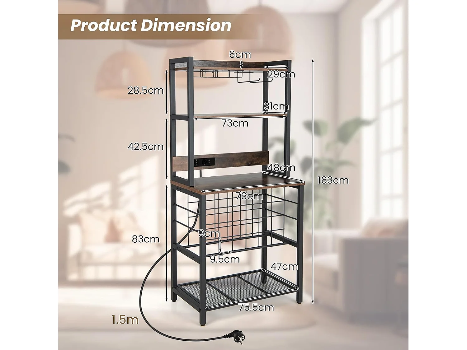 Casier à Vin Industriel de 24 Bouteilles, 4 Étagères de Rangement, Porte-Verre, Porte Bouteilles, Prises de Courant, 2 USB, pour Bar, Cuisine, 48 x 76 x 162,5 cm, Marron Rustique