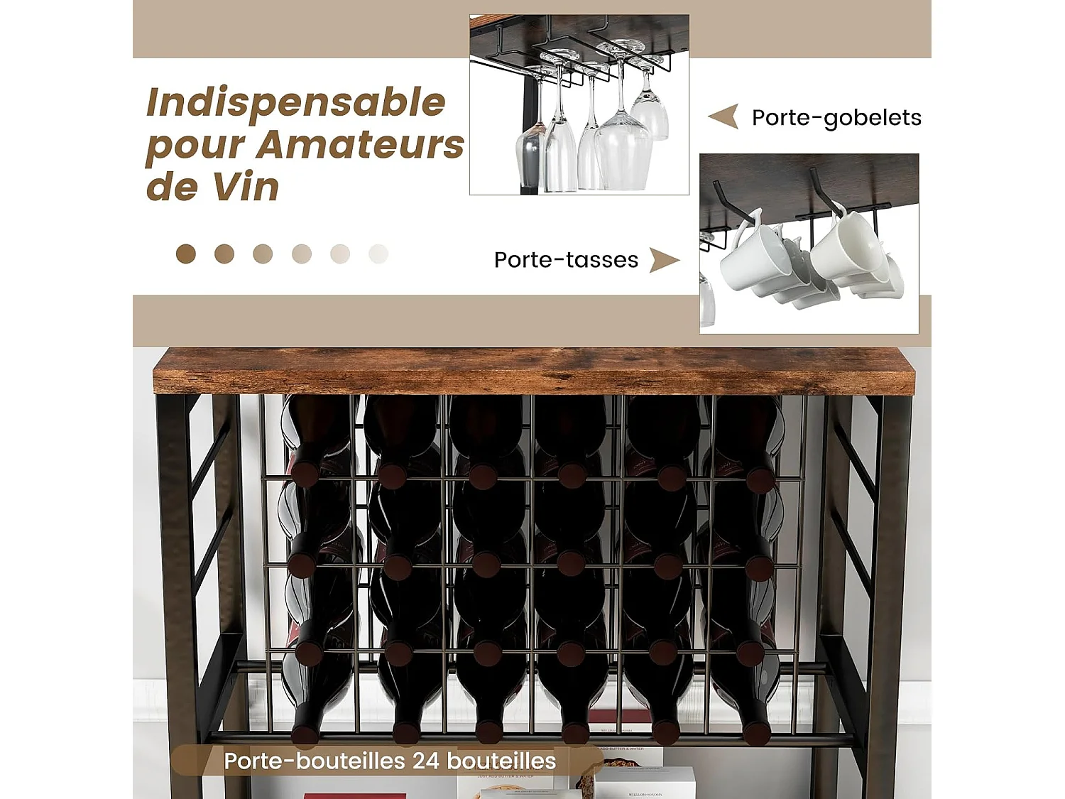 Casier à Vin Industriel de 24 Bouteilles, 4 Étagères de Rangement, Porte-Verre, Porte Bouteilles, Prises de Courant, 2 USB, pour Bar, Cuisine, 48 x 76 x 162,5 cm, Marron Rustique