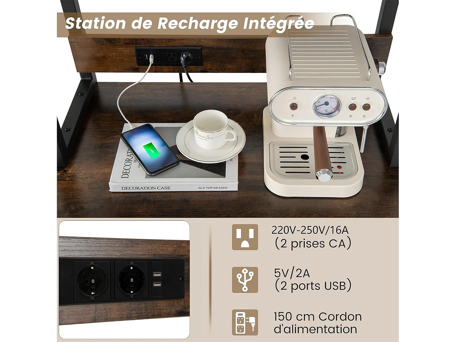 Casier à Vin Industriel de 24 Bouteilles, 4 Étagères de Rangement, Porte-Verre, Porte Bouteilles, Prises de Courant, 2 USB, pour Bar, Cuisine, 48 x 76 x 162,5 cm, Marron Rustique