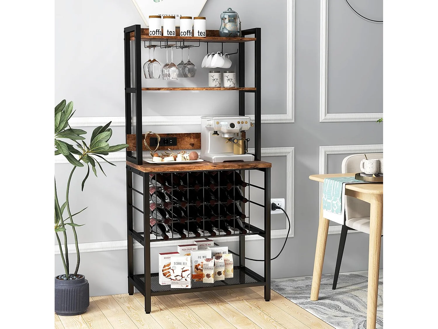 Industrieel wijnrek voor 24 flessen, 4 opbergplanken, glashouder, flessenhouder, stopcontacten, 2 USB, voor bar, keuken, 48 x 76 x 162,5 cm, rustiek bruin