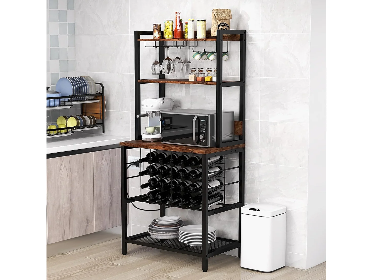 Industrieel wijnrek voor 24 flessen, 4 opbergplanken, glashouder, flessenhouder, stopcontacten, 2 USB, voor bar, keuken, 48 x 76 x 162,5 cm, rustiek bruin