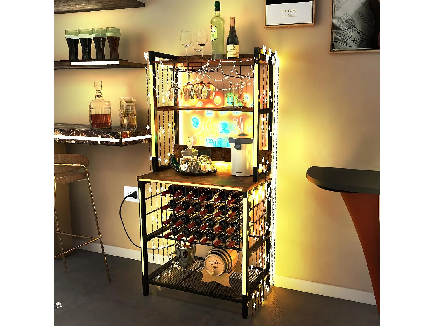 Industrieel wijnrek voor 24 flessen, 4 opbergplanken, glashouder, flessenhouder, stopcontacten, 2 USB, voor bar, keuken, 48 x 76 x 162,5 cm, rustiek bruin