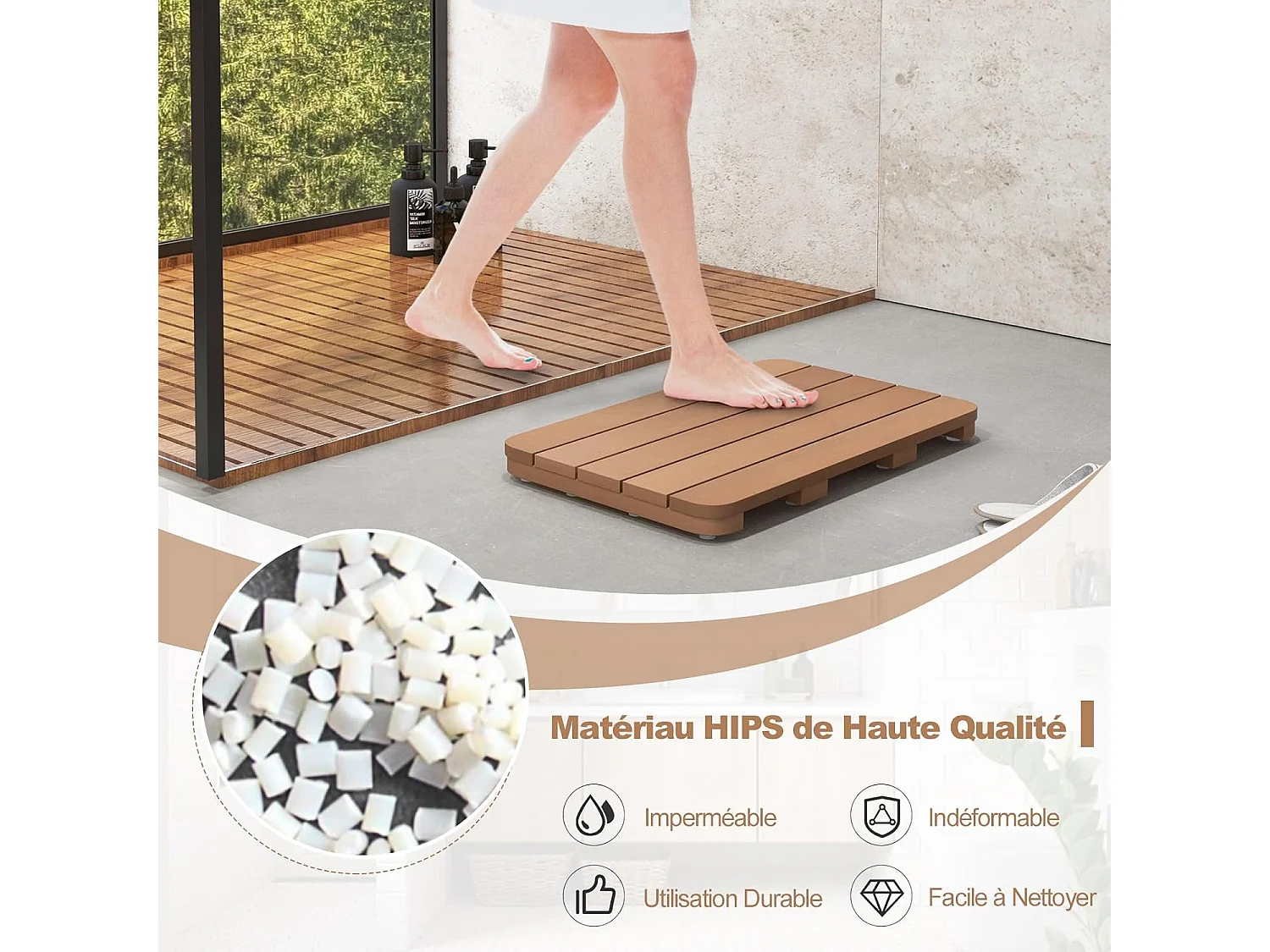 Caillebotis de douche, en hips anti-moisissures et antidérapant,  (34 x 55 cm, marron)