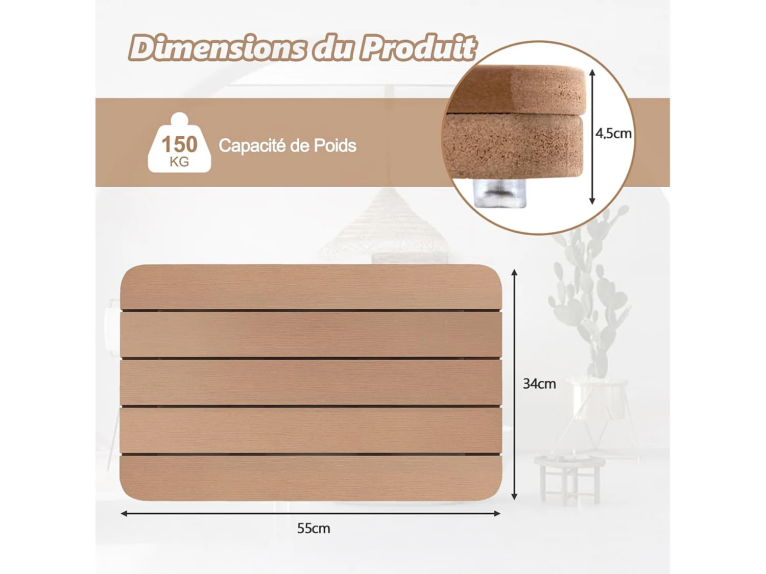 Caillebotis de douche, en hips anti-moisissures et antidérapant,  (34 x 55 cm, marron)