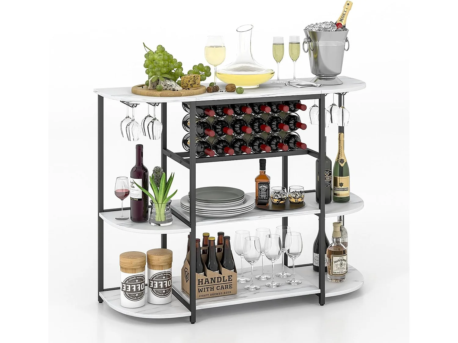 Meuble de rangement à 3 niveaux avec casier de vin et 4 porte-verre, 120*40*91cm (blanc)
