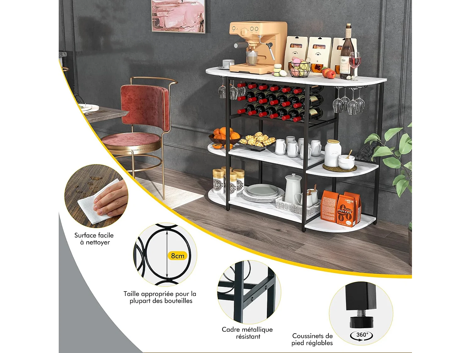 Meuble de rangement à 3 niveaux avec casier de vin et 4 porte-verre, 120*40*91cm (blanc)