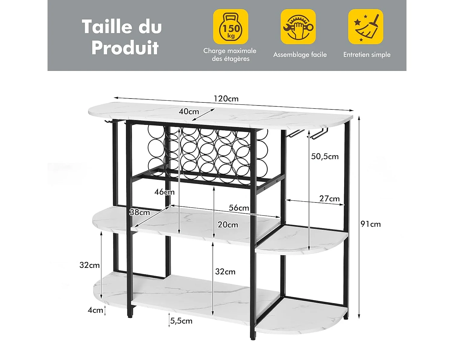 Meuble de rangement à 3 niveaux avec casier de vin et 4 porte-verre, 120*40*91cm (blanc)