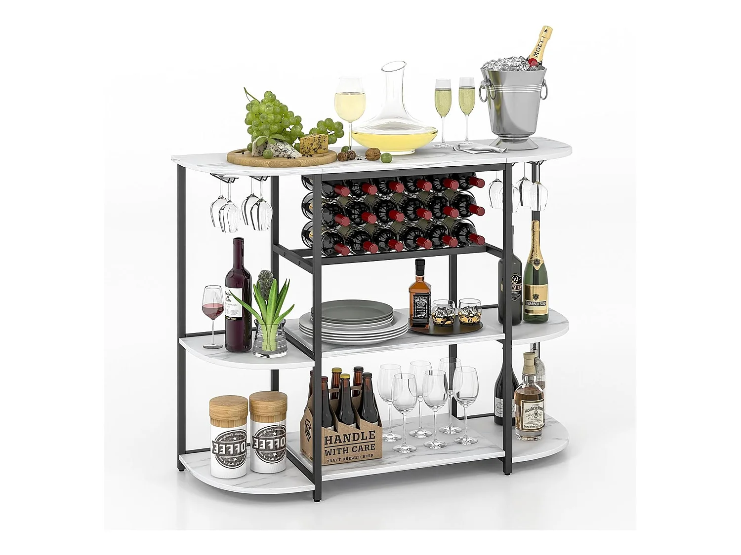 Meuble de rangement à 3 niveaux avec casier de vin et 4 porte-verre, 120*40*91cm (blanc)