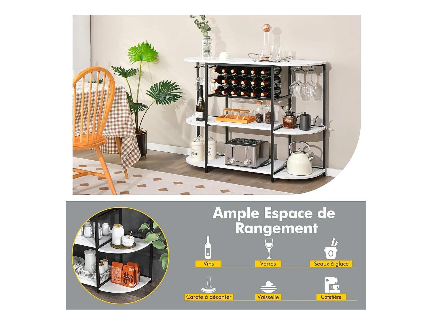 Meuble de rangement à 3 niveaux avec casier de vin et 4 porte-verre, 120*40*91cm (blanc)