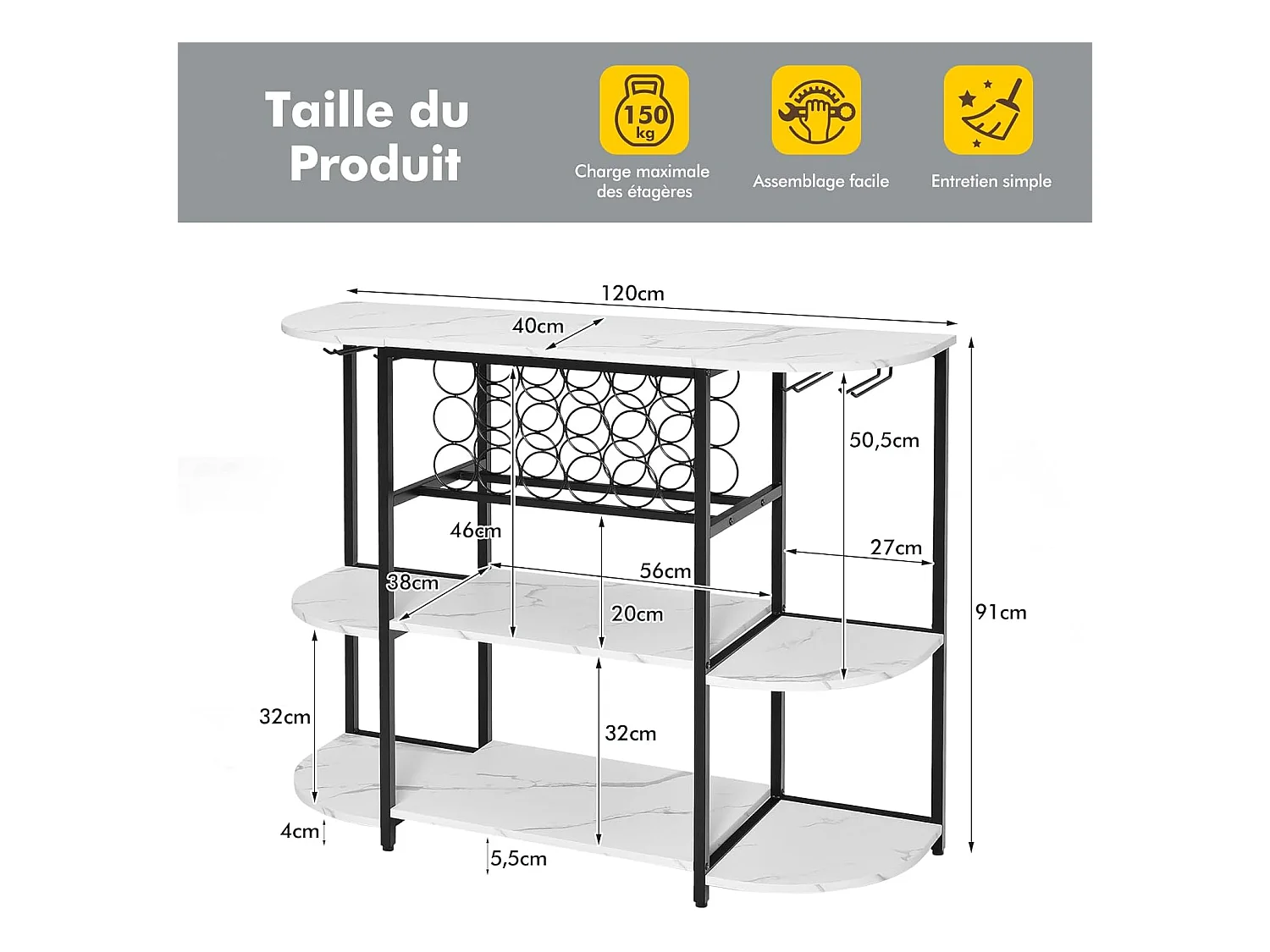 Meuble de rangement à 3 niveaux avec casier de vin et 4 porte-verre, 120*40*91cm (blanc)