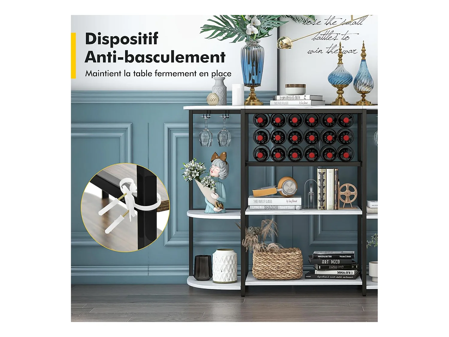 Meuble de rangement à 3 niveaux avec casier de vin et 4 porte-verre, 120*40*91cm (blanc)