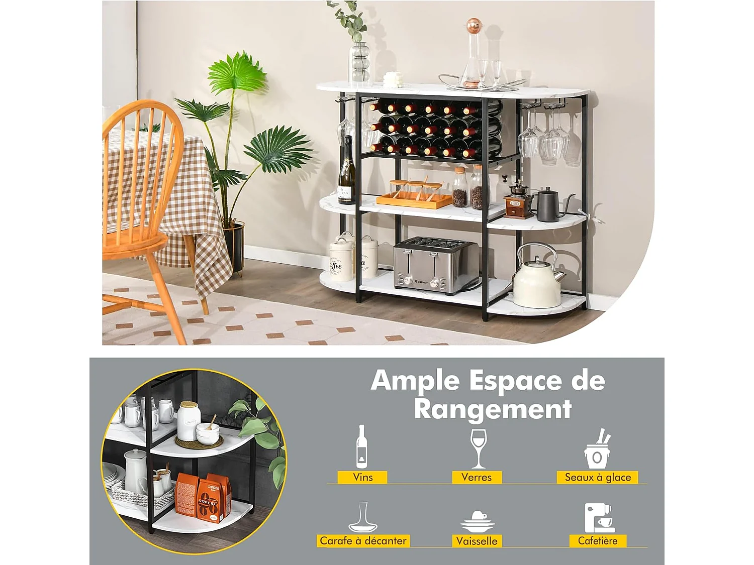 Meuble de rangement à 3 niveaux avec casier de vin et 4 porte-verre, 120*40*91cm (blanc)