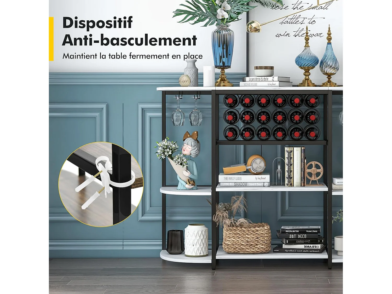 Meuble de rangement à 3 niveaux avec casier de vin et 4 porte-verre, 120*40*91cm (blanc)