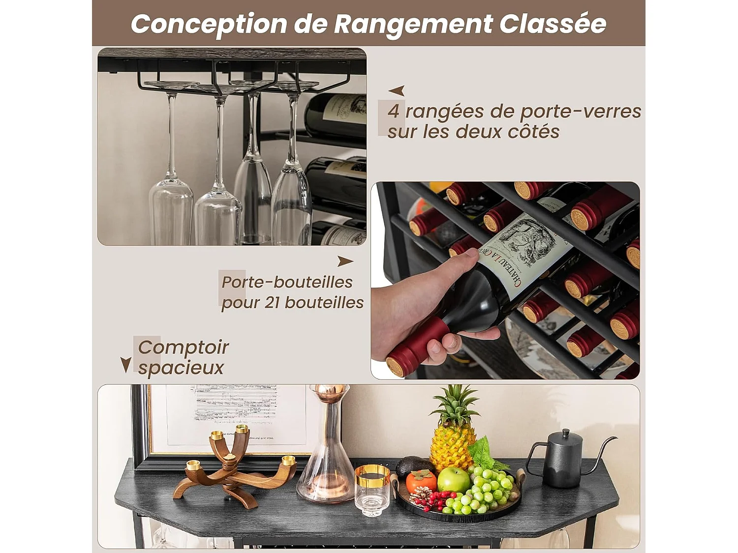 Bar à vin industriel, étagère à vin 21 bouteilles, prises de courant, 2 ports usb, gris