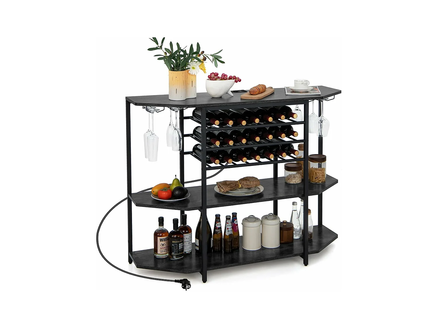 Bar à vin industriel, étagère à vin 21 bouteilles, prises de courant, 2 ports usb, gris