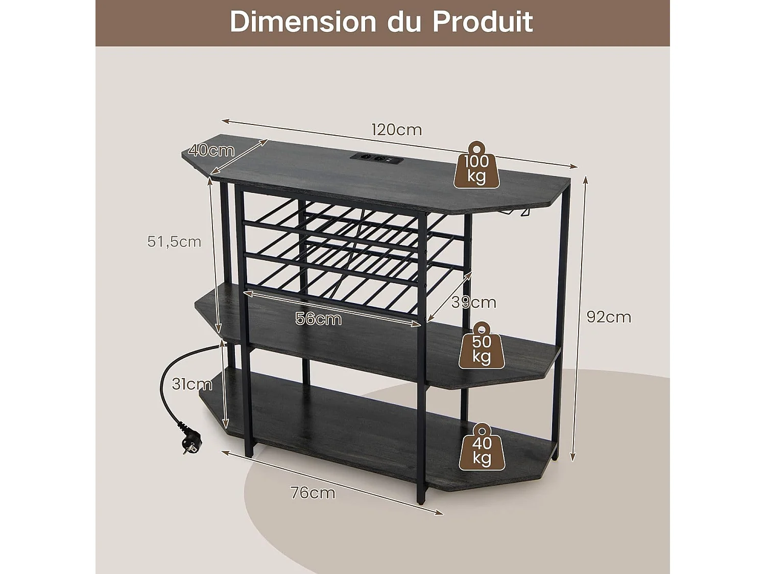 Bar à vin industriel, étagère à vin 21 bouteilles, prises de courant, 2 ports usb, gris