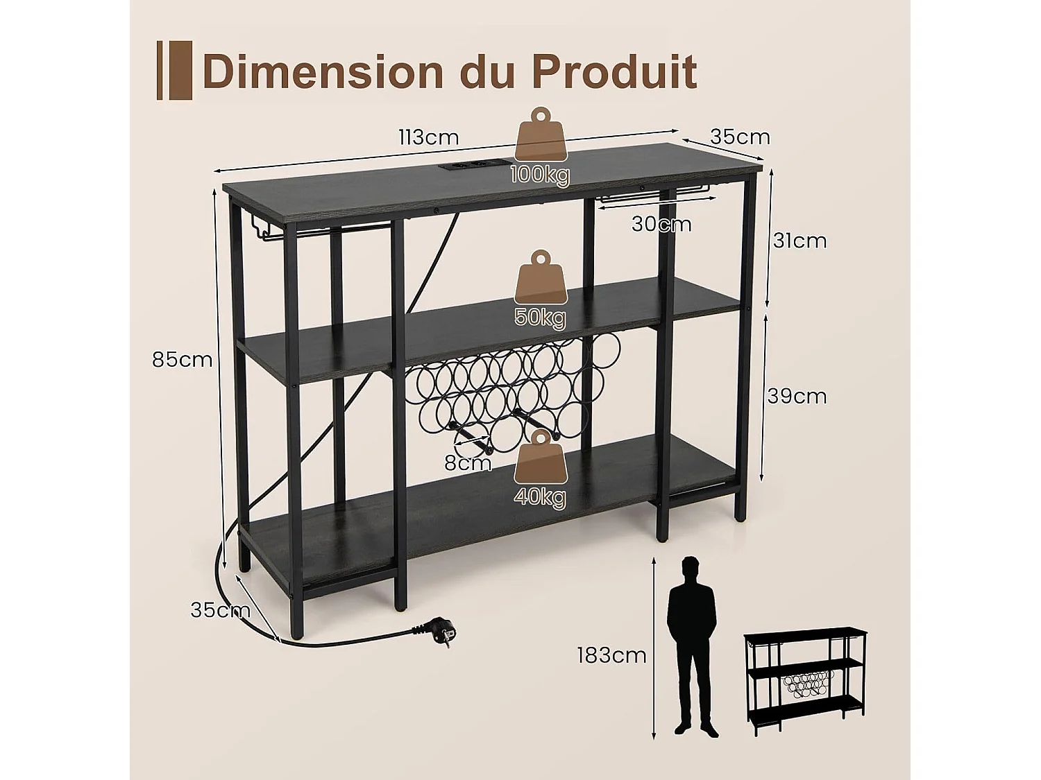 Étagère à vin 15 bouteilles, étagères de rangement, prises de courant, 2 ports usb (gris)
