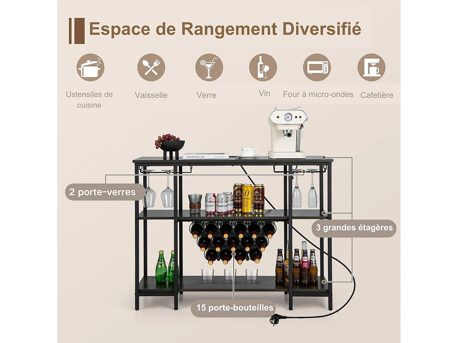Étagère à vin 15 bouteilles, étagères de rangement, prises de courant, 2 ports usb (gris)