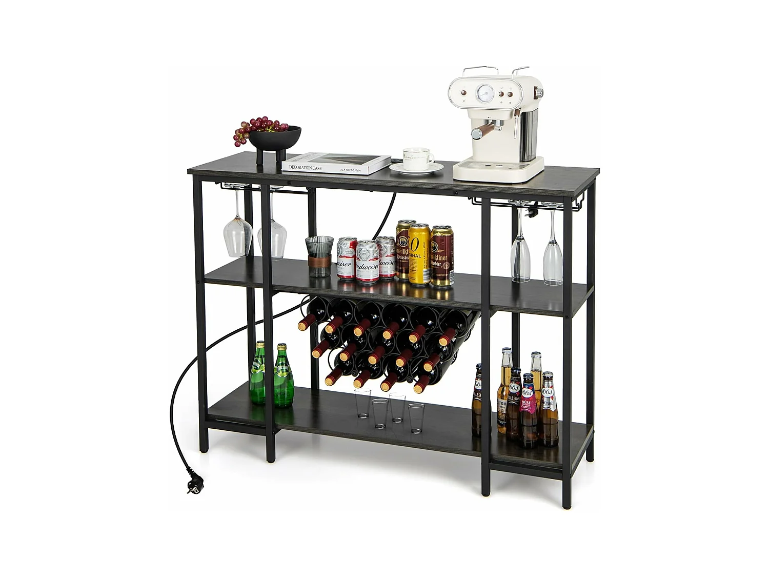 Étagère à vin 15 bouteilles, étagères de rangement, prises de courant, 2 ports usb (gris)