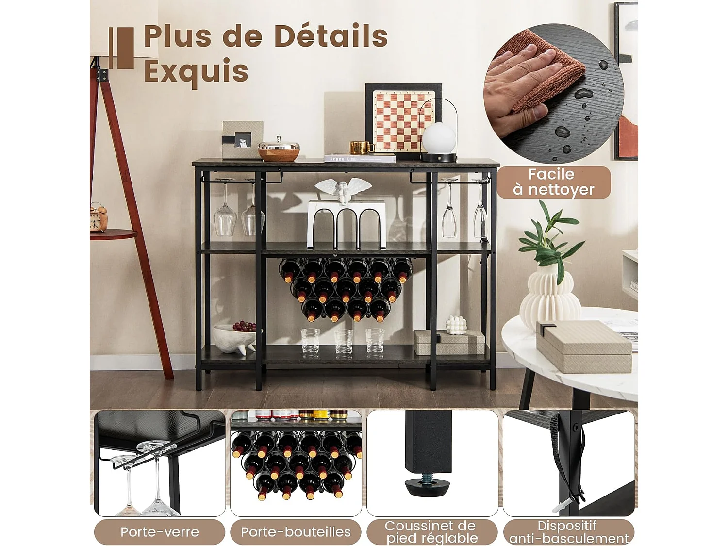 Étagère à vin 15 bouteilles, étagères de rangement, prises de courant, 2 ports usb (gris)
