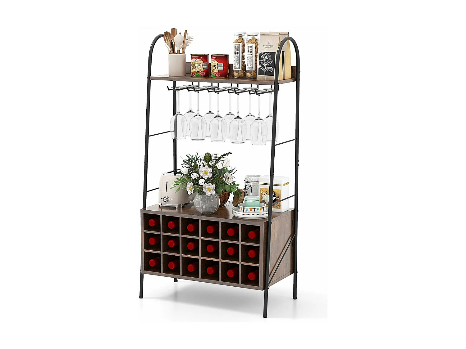 Porte-Bouteille Industriel avec Porte-Verres, 18 Bouteilles & 15 Verres, Casier à vin Amovible, Étagères de Rangement pour Cuisine, Salle à Manger, Bar, 32 x 63 x 114,5 cm, Marron Rustique