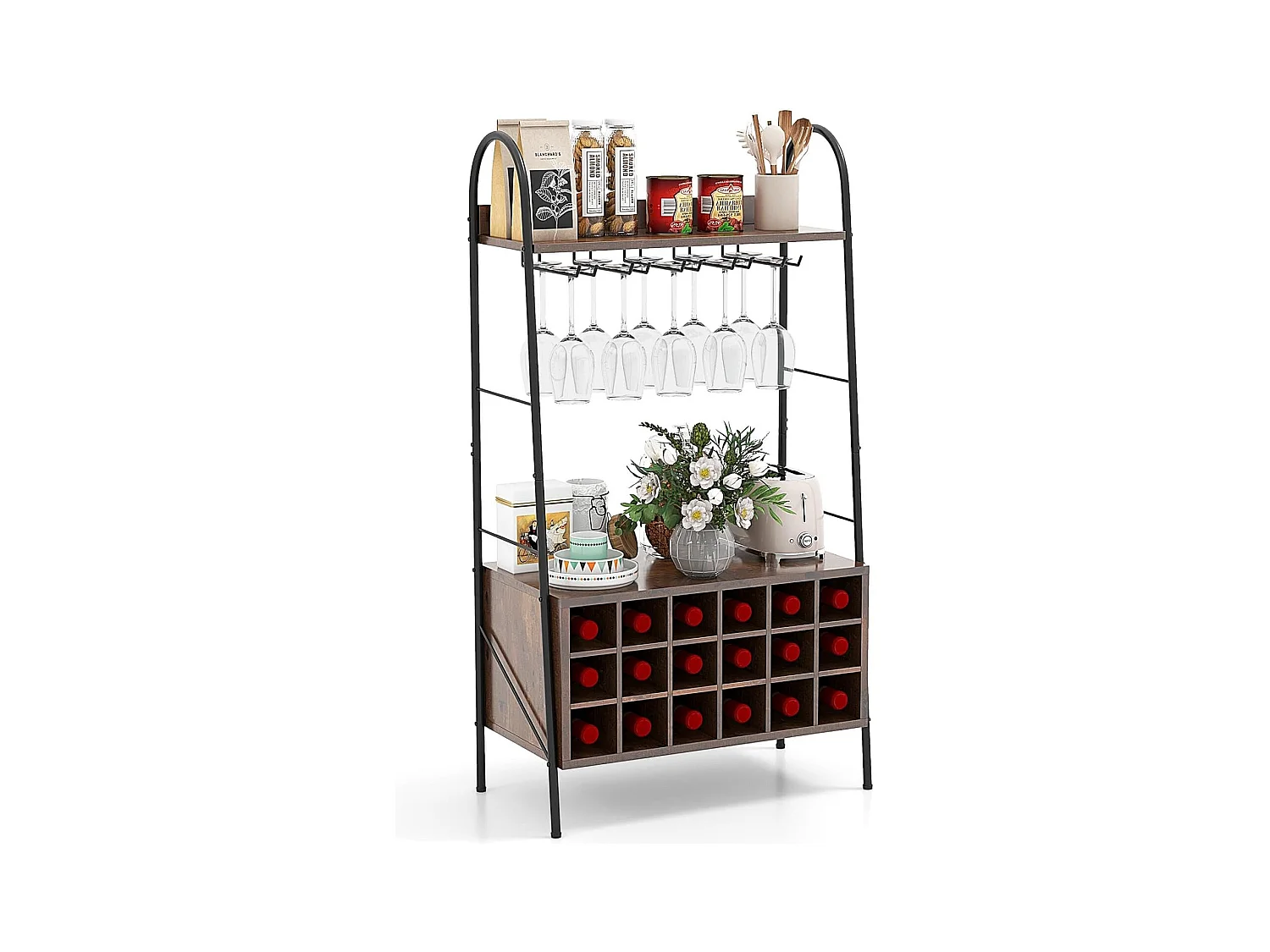 Porte-Bouteille Industriel avec Porte-Verres, 18 Bouteilles & 15 Verres, Casier à vin Amovible, Étagères de Rangement pour Cuisine, Salle à Manger, Bar, 32 x 63 x 114,5 cm, Marron Rustique