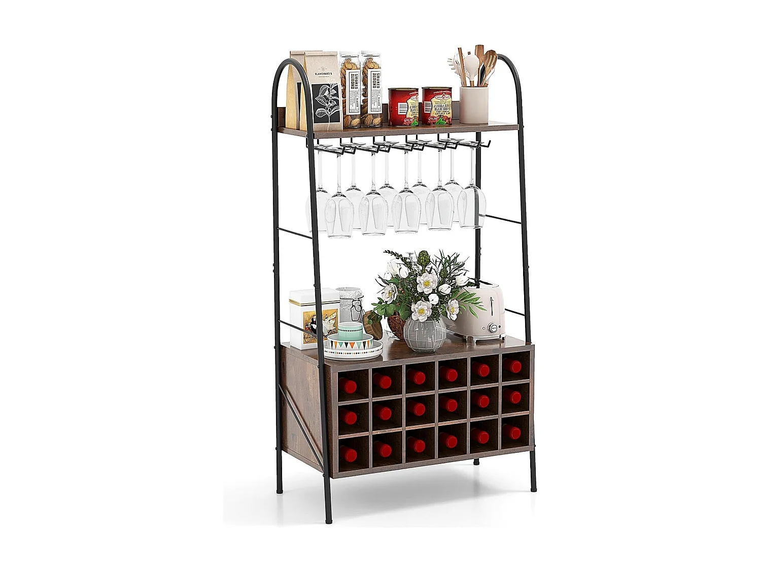 Porte-Bouteille Industriel avec Porte-Verres, 18 Bouteilles & 15 Verres, Casier à vin Amovible, Étagères de Rangement pour Cuisine, Salle à Manger, Bar, 32 x 63 x 114,5 cm, Marron Rustique