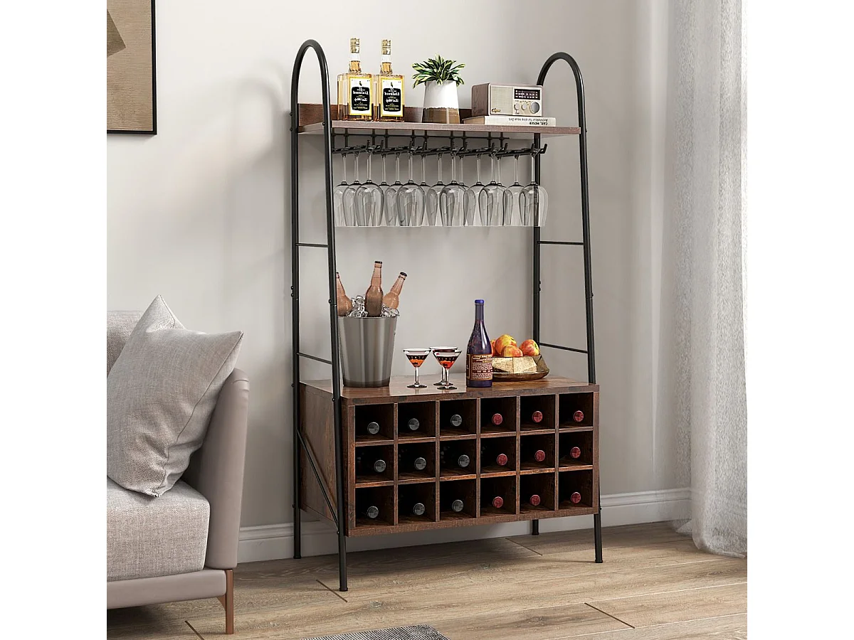 Porte-Bouteille Industriel avec Porte-Verres, 18 Bouteilles & 15 Verres, Casier à vin Amovible, Étagères de Rangement pour Cuisine, Salle à Manger, Bar, 32 x 63 x 114,5 cm, Marron Rustique