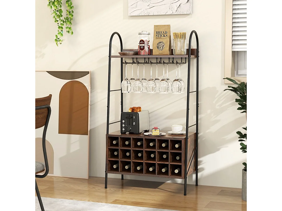 Porte-Bouteille Industriel avec Porte-Verres, 18 Bouteilles & 15 Verres, Casier à vin Amovible, Étagères de Rangement pour Cuisine, Salle à Manger, Bar, 32 x 63 x 114,5 cm, Marron Rustique