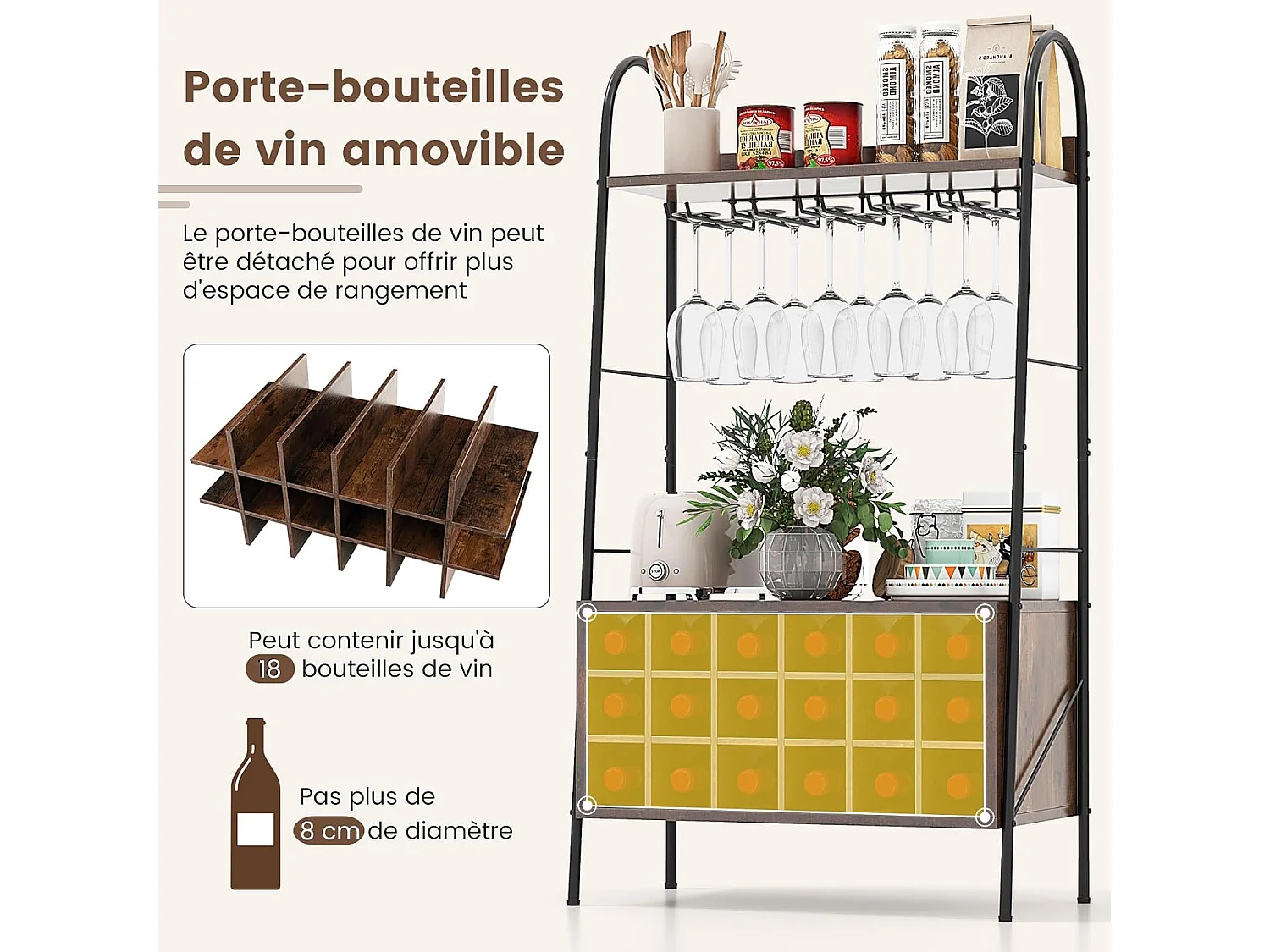 Porte-Bouteille Industriel avec Porte-Verres, 18 Bouteilles & 15 Verres, Casier à vin Amovible, Étagères de Rangement pour Cuisine, Salle à Manger, Bar, 32 x 63 x 114,5 cm, Marron Rustique